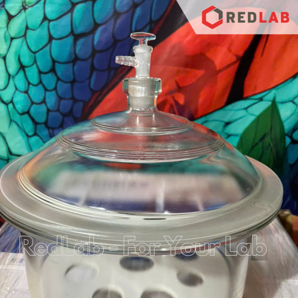 Bình hút ẩm trắng có vòi DINLAB 150 200 250 300 mm, dùng lưu trữ, làm khô mẫu thí nghiệm, có VAT