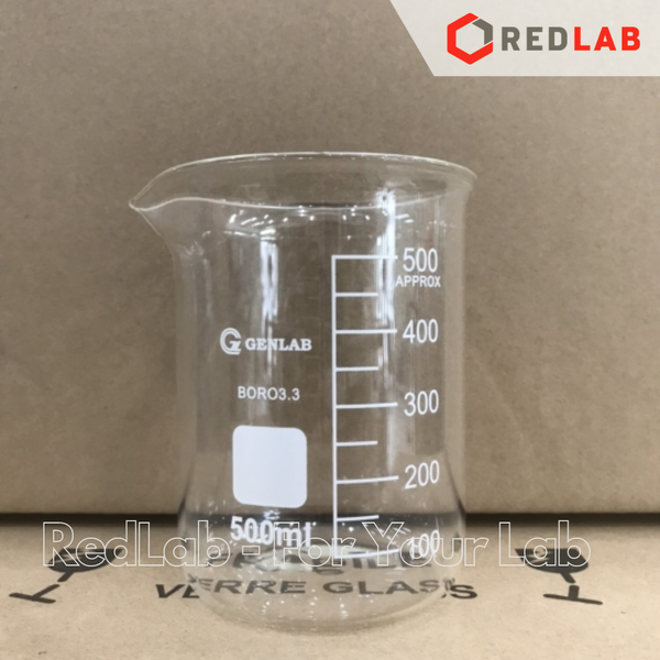 Cốc đốt thủy tinh thấp thành GENLAB 10 25 50 100 250 500 1000 ml 2 3 5 10 L, beaker thí nghiệm có mỏ, chịu nhiệt, có VAT