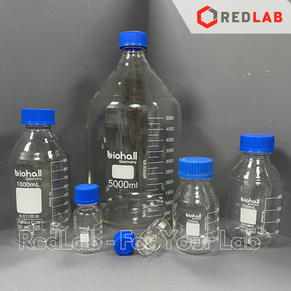 Chai trung tính trắng BIOHALL  25ml đến 20L - nắp vặn PP xanh GL25 GL32 GL45, thuỷ tinh boro 3.3 vạch trắng, có VAT