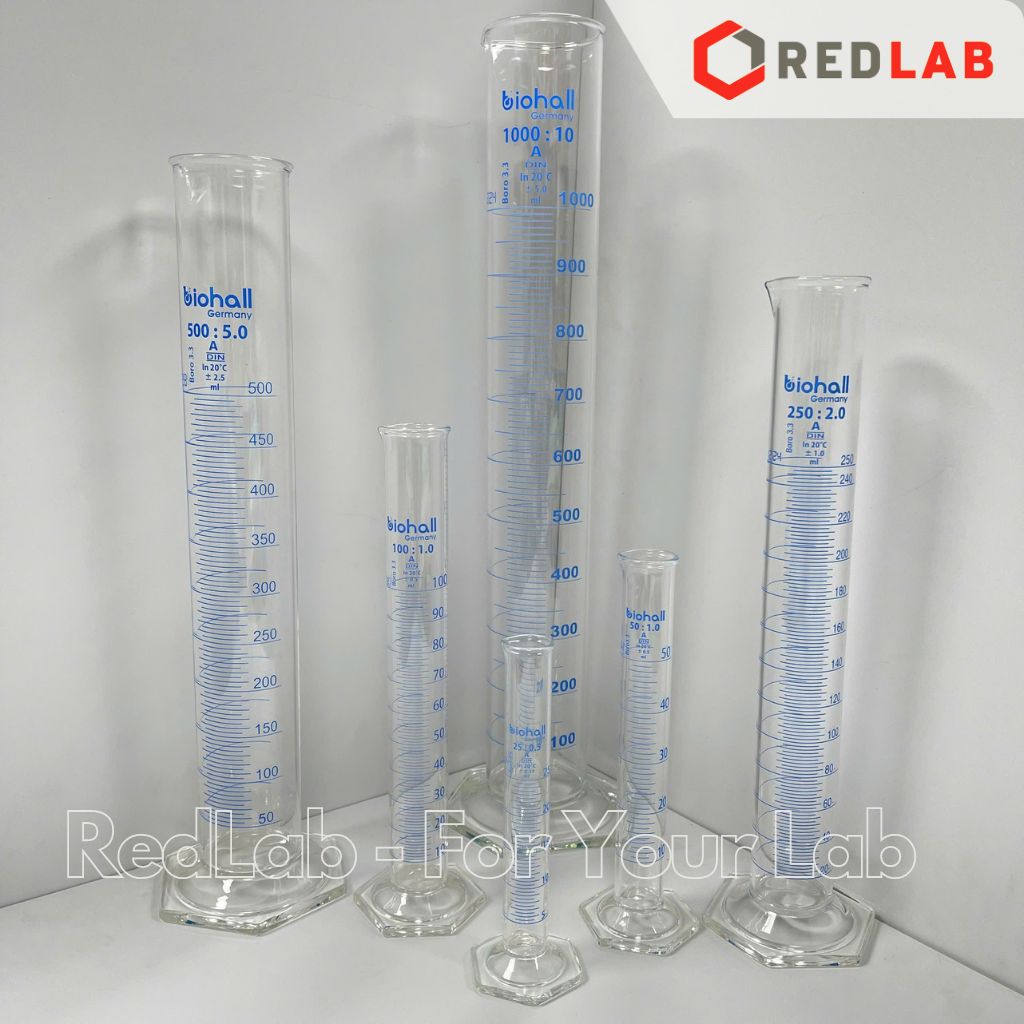 Ống đong thuỷ tinh BIOHALL 5 10 25 50 100 250 500 ML 1L 2L, Class A, đế lục giác, chia vạch xanh, có VAT
