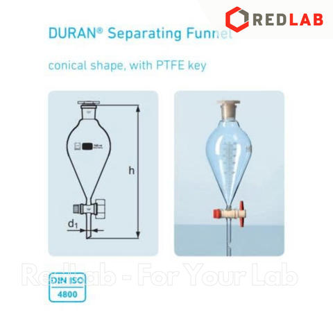 Phễu chiết quả lê DURAN khóa thuỷ tinh 100 250 500 1000 ml, bình lắng gạn thí nghiệm, có VAT