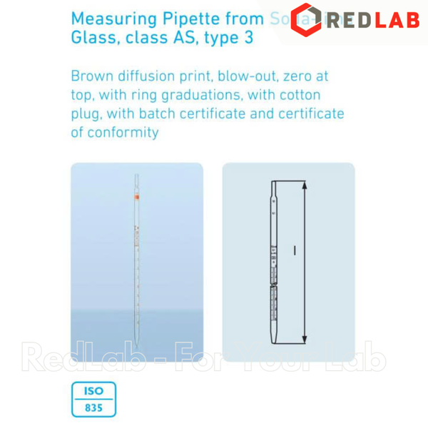 Pipet thẳng vạch nâu DURAN Class B type 3, 0.1 0.2 0.5 1 2 5 10 20 25 ml, ống hút thủy tinh kẻ vạch thí nghiệm, có VAT