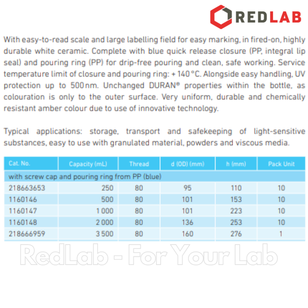 Chai trung tính nâu Miệng Rộng GLS 80 DURAN 250 500 1000 2000 ml, thuỷ tinh borosilicate 3.3, nắp nhựa PP, có VAT