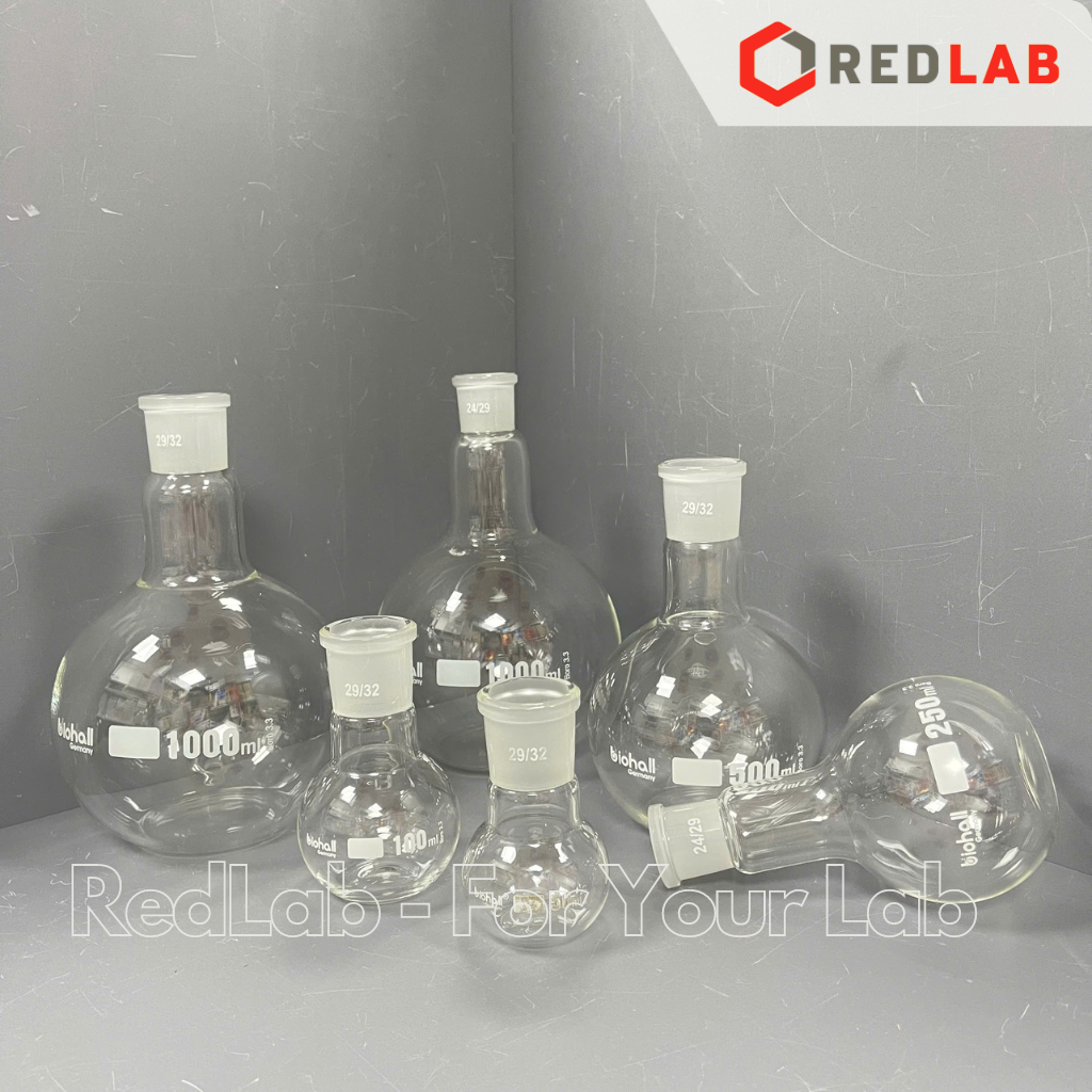 Bình cầu đáy bằng 1 cổ nhám BIOHALL 25 50 100 250 500 ml 1L 2L 3L 5L 10L 20L – 14/23 19/26 24/29 29/32 34/35 45/40 55/44, mark trắng, có VAT