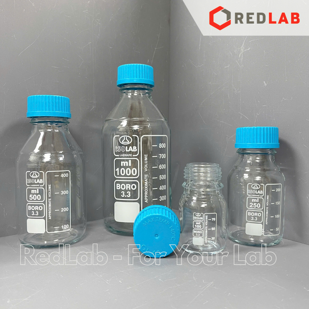 Chai trung tính trắng ISOLAB 100 250 500 1000 ml 2 3 5 10 L nắp vặn PP xanh GL45, thủy tinh borosilicate, có VAT