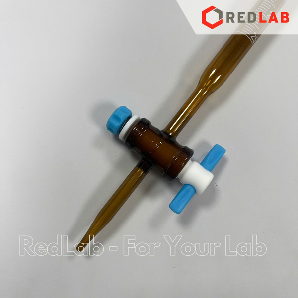 Buret nâu khoá nhựa PTFE 10 25 50 ml ONELAB, burette thủy tinh chia vạch cho thí nghiệm chuẩn độ mẫu kị sáng, có VAT