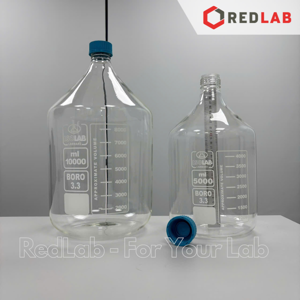 Chai trung tính trắng ISOLAB 100 250 500 1000 ml 2 3 5 10 L nắp vặn PP xanh GL45, thủy tinh borosilicate, có VAT