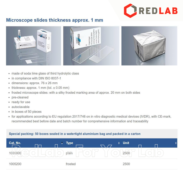 Lam kính trơn / nhám 76x26mm MARIENFELD microscope slide 1005000 / 1005200 (hộp 50 cái) dày ~1mm, có VAT