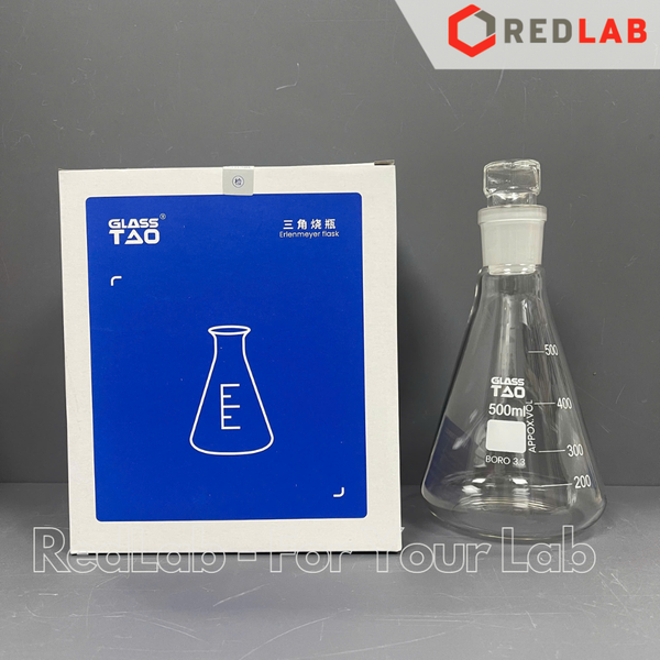 Bình tam giác GlassTAO 100 250 500 1000ml cổ nhám 24/29 29/32, erlen nắp mài, đựng mẫu thí nghiệm, có VAT
