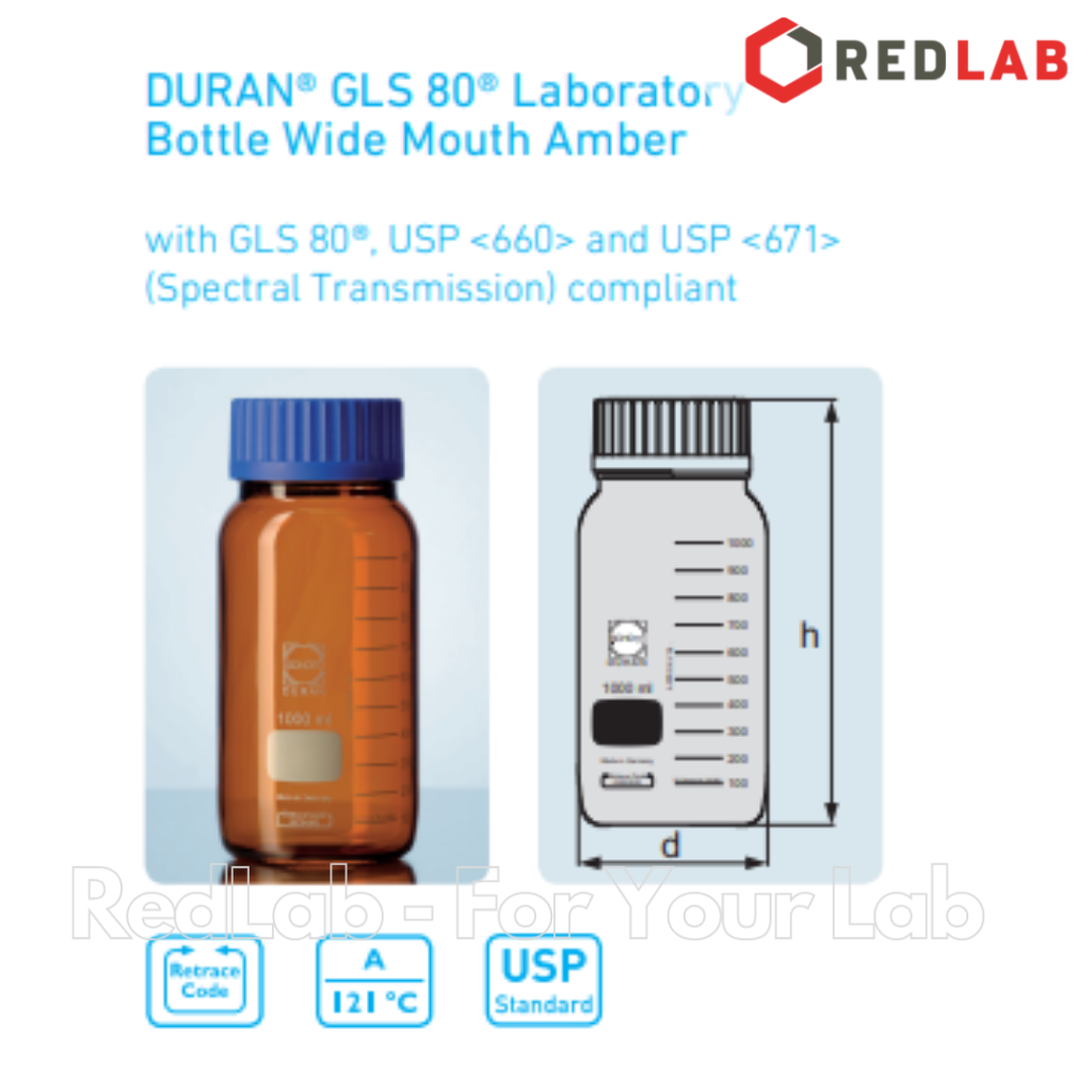 Chai trung tính nâu Miệng Rộng GLS 80 DURAN 250 500 1000 2000 ml, thuỷ tinh borosilicate 3.3, nắp nhựa PP, có VAT