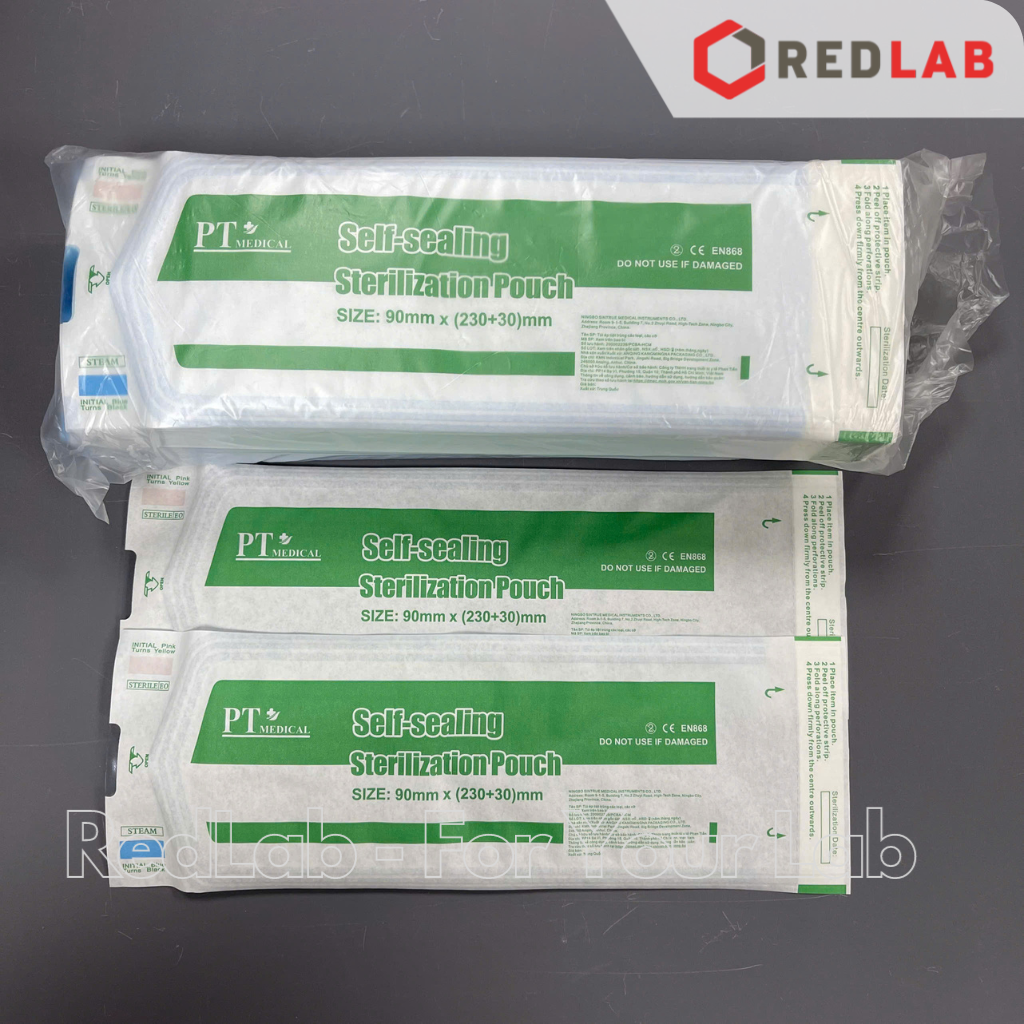 Túi hấp autoclave cắt sẵn tự dán PT Medical 5.7×10 9×23 13.5×25.5 19×33 25×37 30×46 +3 cm (hộp 200 cái), có VAT