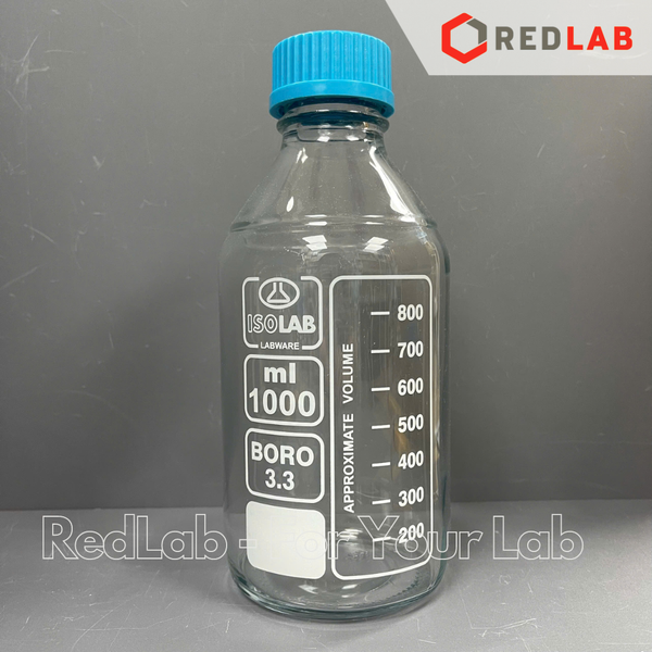 Chai trung tính trắng ISOLAB 100 250 500 1000 ml 2 3 5 10 L nắp vặn PP xanh GL45, thủy tinh borosilicate, có VAT