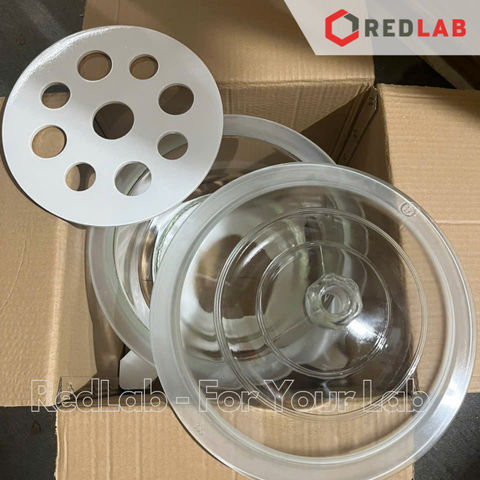 Bình hút ẩm trắng không vòi DINLAB 150 200 240 300 mm, dùng lưu trữ, làm khô mẫu thí nghiệm, có VAT