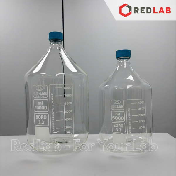 Chai trung tính trắng ISOLAB 100 250 500 1000 ml 2 3 5 10 L nắp vặn PP xanh GL45, thủy tinh borosilicate, có VAT