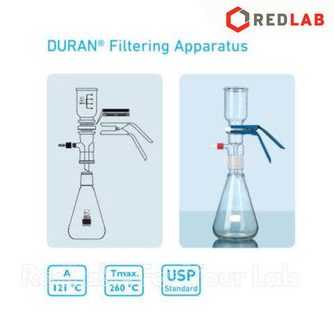 Bộ lọc DURAN có đệm PTFE và kẹp có thể sử dụng đĩa lọc, phễu Ø 47mm, 250ml, bình chứa 1000ml, có VAT