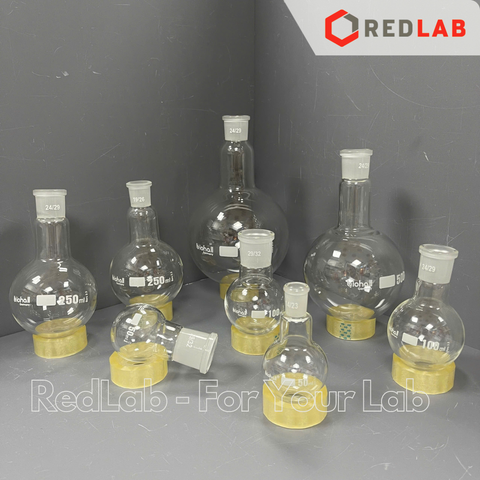 Bình cầu đáy tròn 1 cổ nhám BIOHALL 25 50 100 250 500 ml 1L 2L 3L 5L 10L 20L - 14/23 19/26 24/29 29/32 34/35 45/40 55/44, mark trắng, có VAT