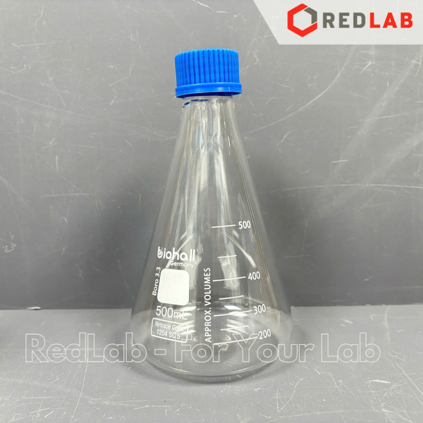 Bình tam giác nặp vặn xanh BIOHALL 50 100 150 250 500 1000 ML - GL25 GL45, chia vạch trắng, có VAT