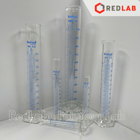 Ống đong thuỷ tinh BIOHALL 5 10 25 50 100 250 500 ML 1L 2L, Class A, đế lục giác, chia vạch xanh, có VAT