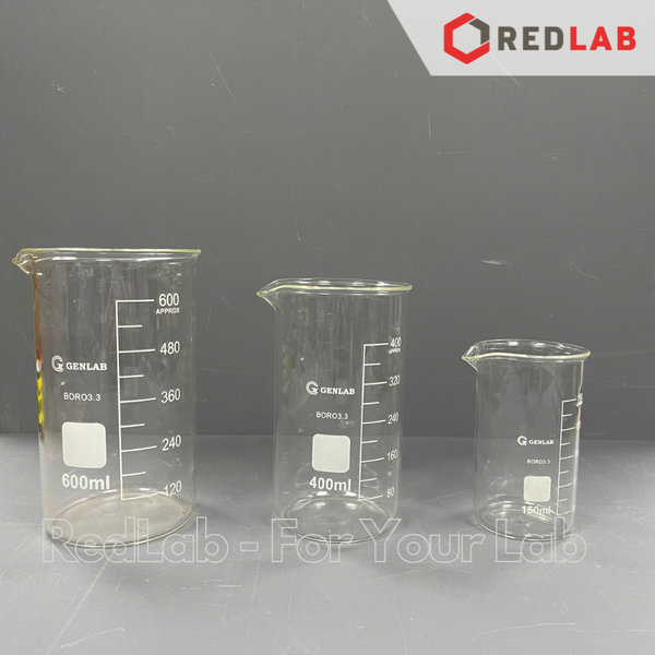 Cốc đốt thủy tinh Cao thành GENLAB 150 250 400 600 ml, beaker thí nghiệm có mỏ, chịu nhiệt, có VAT