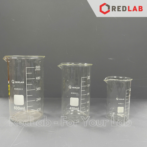 Cốc đốt thủy tinh Cao thành GENLAB 150 250 400 600 ml, beaker thí nghiệm có mỏ, chịu nhiệt, có VAT