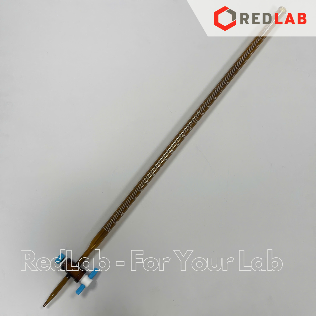 Buret nâu khoá nhựa PTFE 10 25 50 ml ONELAB, burette thủy tinh chia vạch cho thí nghiệm chuẩn độ mẫu kị sáng, có VAT