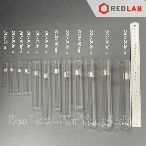 Ống nghiệm trơn không vành BIOHALL Ø 12 13 16 18 20 25 30 32 38 mm, thuỷ tinh boro 3.3 chịu nhiệt, in logo, có VAT