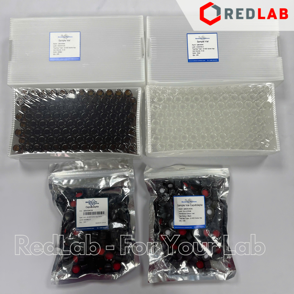 Lọ đựng mẫu sắc ký vial 4ml 13-425 MEMBRANE SOLUTIONS trắng / nâu, Nắp vặn đen có lỗ / nắp kín, có VAT