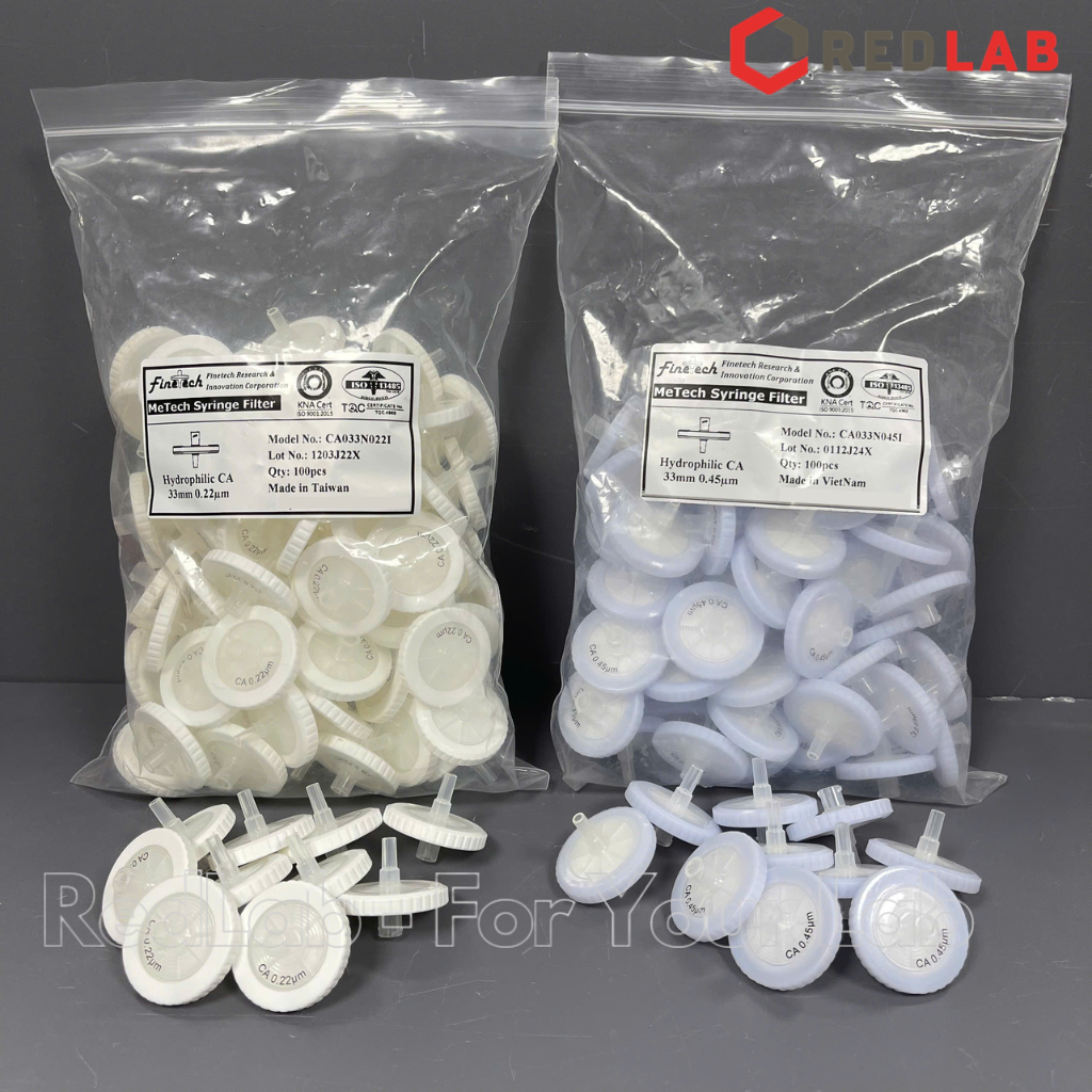 Đầu lọc Syringe CA đường kính 33mm, lỗ lọc 0.22µm và 0.45µm không tiệt trùng Finetech CA033N022I và CA033N045I, giá tốt, có VAT