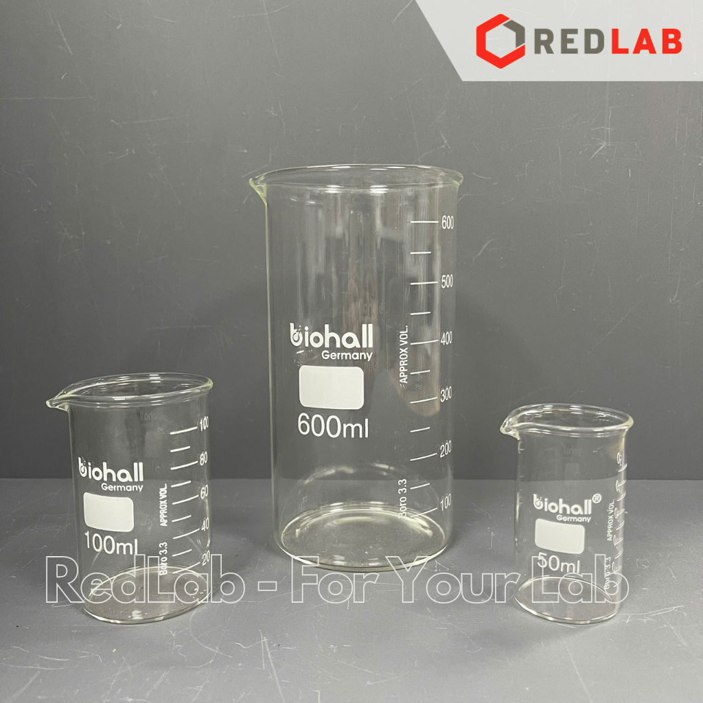 Cốc đốt thuỷ tinh Cao thành BIOHALL 50 100 150 200 250 400 500 600 1000 ml, beaker có mỏ chịu nhiệt, có VAT