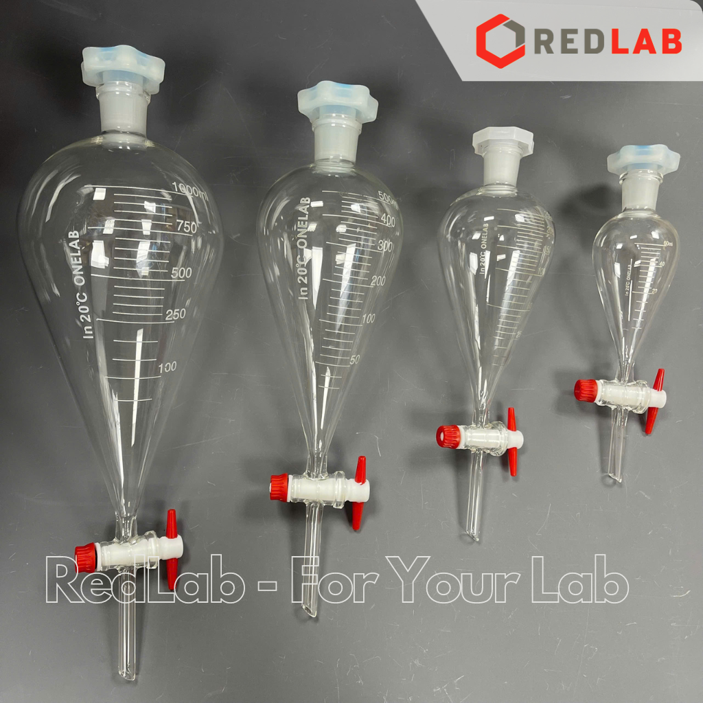 Phễu chiết quả lê khoá nhựa PTFE ONELAB kẻ vạch 60 125 250 500 1000 2000 ml, bình lắng gạn thủy tinh thí nghiệm, có VAT