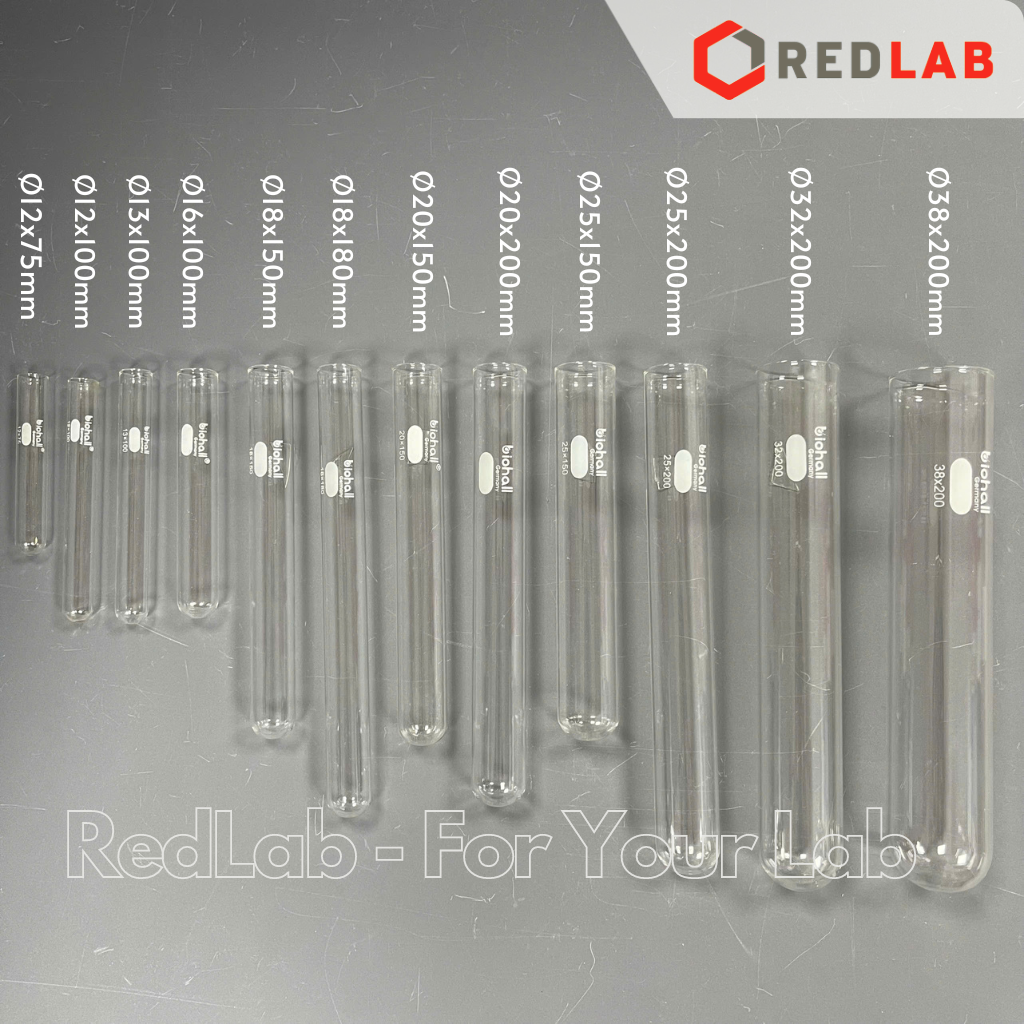 Ống nghiệm trơn không vành BIOHALL Ø 12 13 16 18 20 25 30 32 38 mm, thuỷ tinh boro 3.3 chịu nhiệt, in logo, có VAT