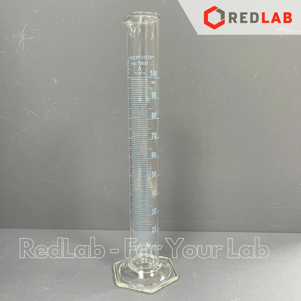 Ống đong thuỷ tinh PYREX Class A 10 25 50 100 250 500 ml, đế lục giác chia vạch xanh, thuỷ tinh Borosilicate, có VAT