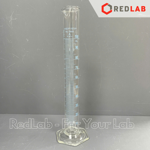 Ống đong thuỷ tinh PYREX Class A 10 25 50 100 250 500 ml, đế lục giác chia vạch xanh, thuỷ tinh Borosilicate, có VAT