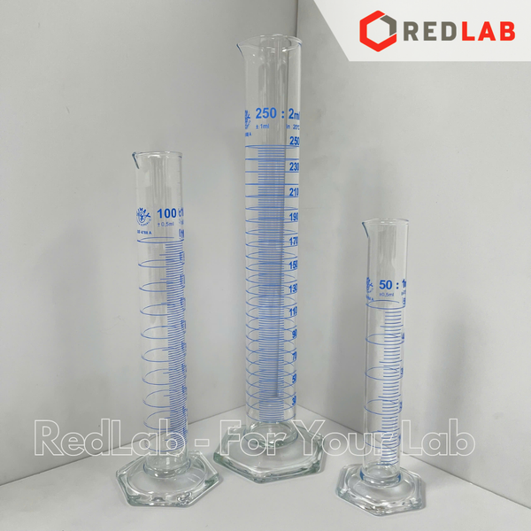 Ống đong thủy tinh SIMAX Class A 5 10 25 50 100 250 500 1000 ml, đế lục giác, vạch xanh, Measuring Cylinder, có VAT