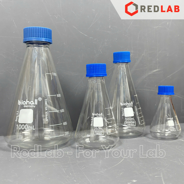Bình tam giác nặp vặn xanh BIOHALL 50 100 150 250 500 1000 ML - GL25 GL45, chia vạch trắng, có VAT