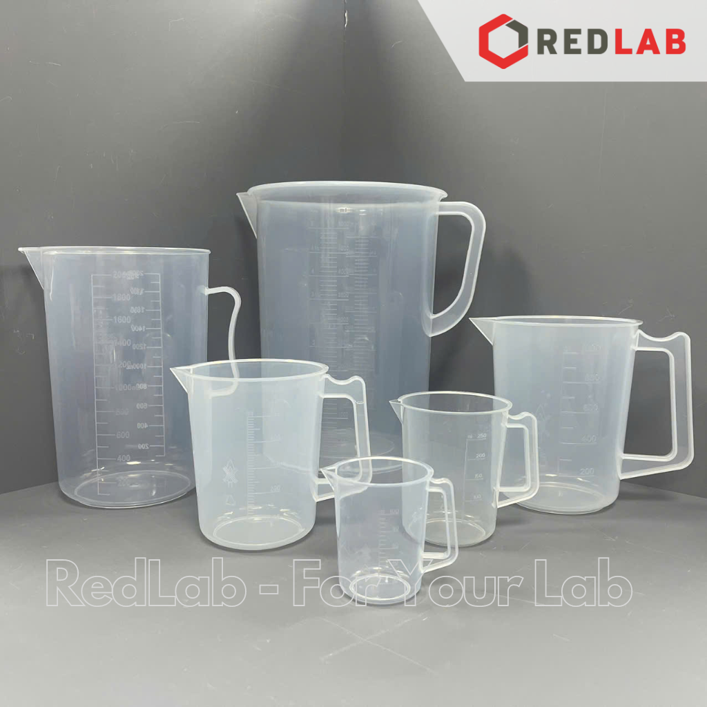 Ca nhựa PP có quai vạch nổi trắng ONELAB 100 250 500 1000 2000 3000 5000 ml, cốc đong thí nghiệm, chịu nhiệt, có VAT