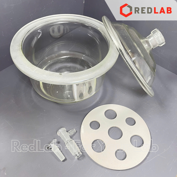 Bình hút ẩm trắng có vòi DINLAB 150 200 240 300 mm, dùng lưu trữ, làm khô mẫu thí nghiệm, có VAT