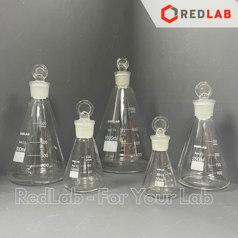 Bình tam giác có nút GENLAB 50 100 250 500 1000ml, erlen cổ nhám, nắp mài thuỷ tinh, đựng mẫu thí nghiệm, có VAT