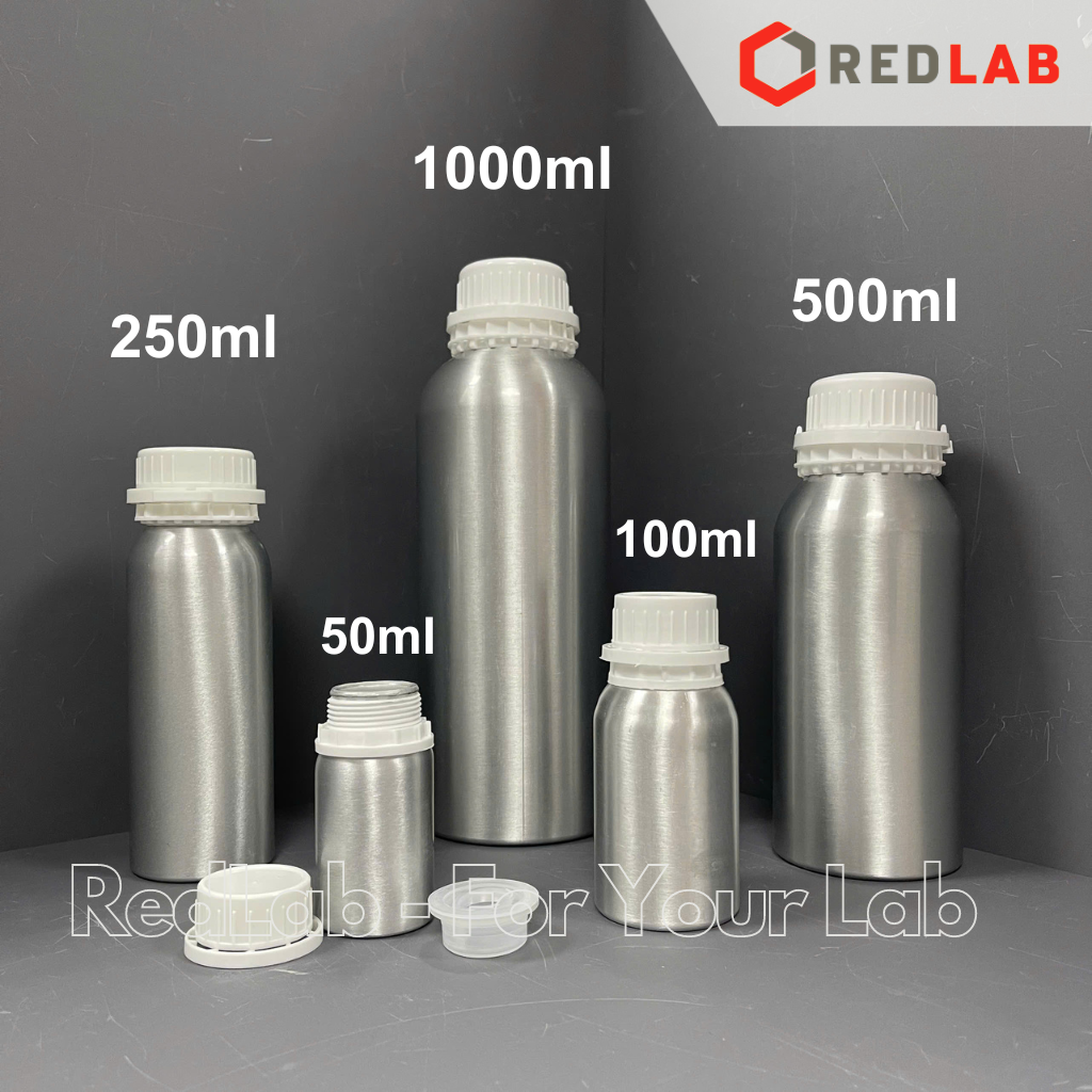 Chai nhôm 50 100 250 500 1000 ml, nắp khóa nhựa trắng, nắp đệm hạn chế bay hơi, có VAT