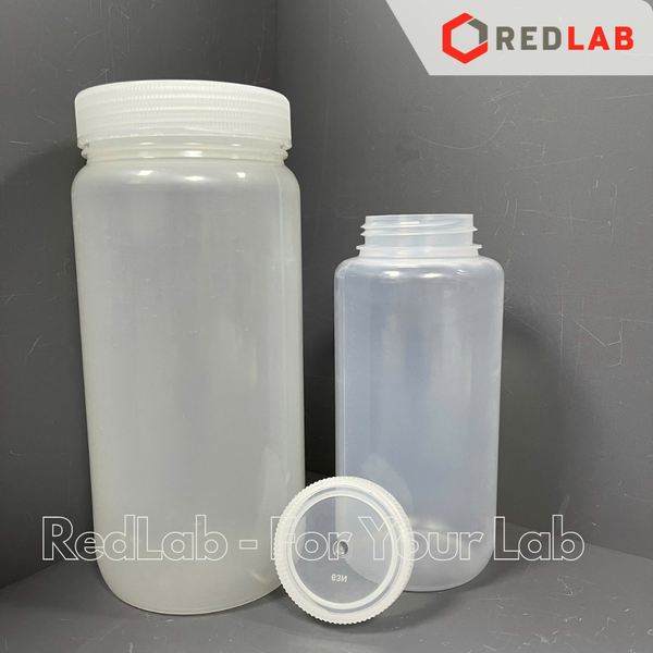 Chai nhựa PP trắng miệng rộng ONELAB 30 60 125 250 500 ml 1 2 L, chịu nhiệt tối đa 140°C, đựng mẫu thí nghiệm, có VAT