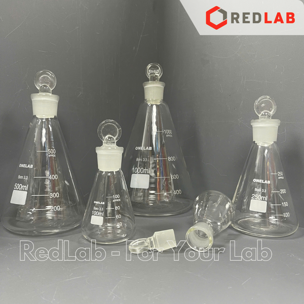 Bình tam giác có nút ONELAB 50 100 250 500 1000ml, erlen cổ nhám, nắp mài thuỷ tinh, đựng mẫu thí nghiệm, có VAT