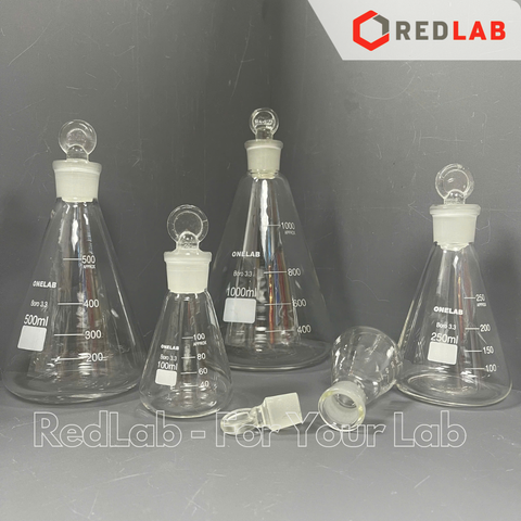 Bình tam giác có nút ONELAB 50 100 250 500 1000ml, erlen cổ nhám, nắp mài thuỷ tinh, đựng mẫu thí nghiệm, có VAT