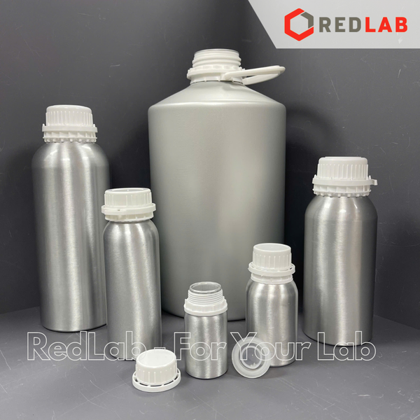 Chai nhôm 50 100 250 500 1000 ml, nắp khóa nhựa trắng, nắp đệm hạn chế bay hơi, có VAT