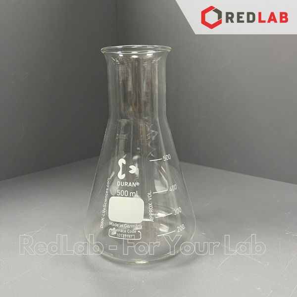 Bình tam giác cổ rộng DURAN Class A 50 100 200 250 300 500 1000 2000 ml, Wide neck Erlenmeyer, có VAT