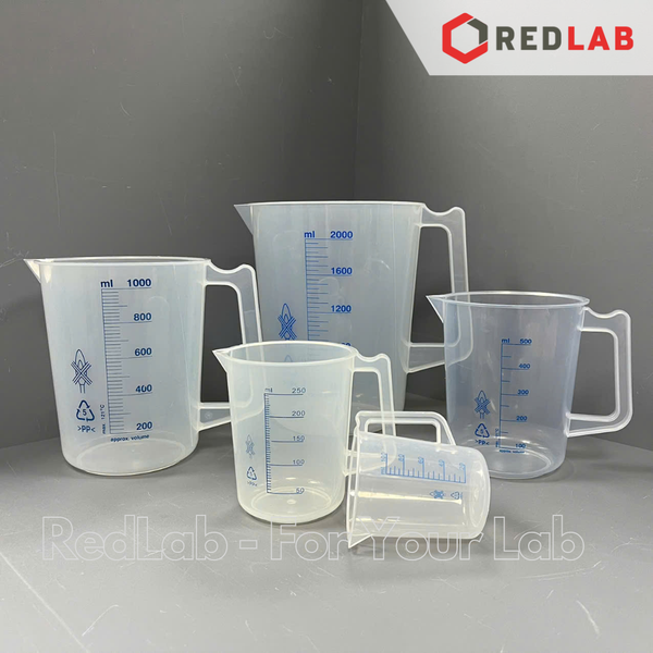 Ca nhựa PP có quai in vạch xanh ONELAB 100 250 500 1000 2000 3000 5000 ml, cốc đong thí nghiệm, chịu nhiệt, có VAT