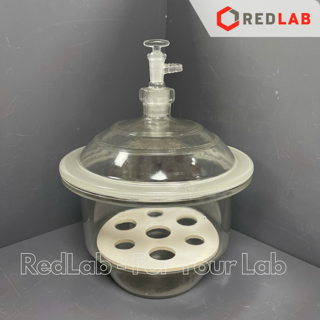 Bình hút ẩm trắng có vòi DINLAB 150 200 240 300 mm, dùng lưu trữ, làm khô mẫu thí nghiệm, có VAT