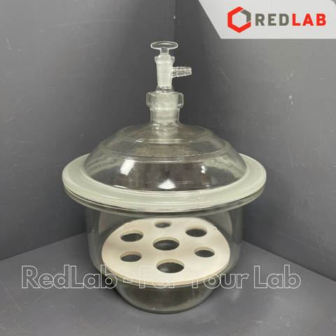 Bình hút ẩm trắng có vòi DINLAB 150 200 240 300 mm, dùng lưu trữ, làm khô mẫu thí nghiệm, có VAT