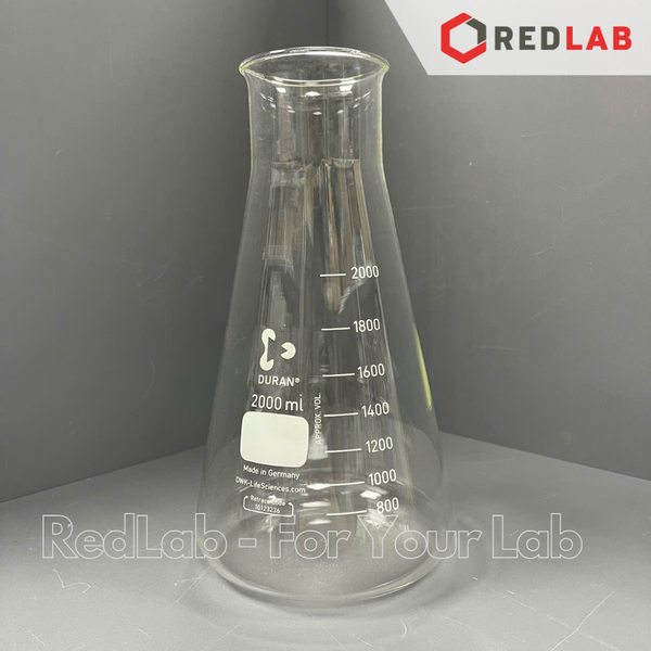 Bình tam giác cổ rộng DURAN Class A 50 100 200 250 300 500 1000 2000 ml, Wide neck Erlenmeyer, có VAT
