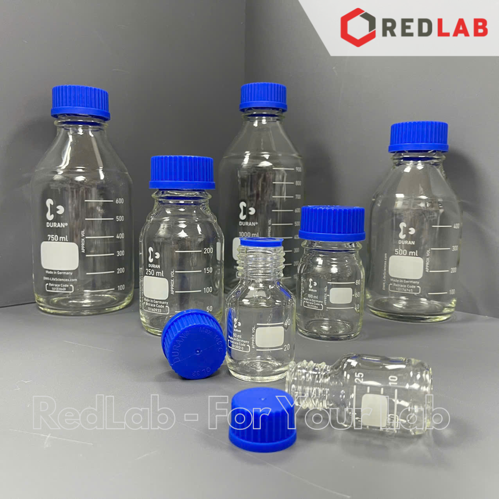 Chai trung tính trắng DURAN Class A 25 50 100 150 250 500 750 ml, 1 2 3.5 5 L nắp vặn PP xanh GL 25 32 45, có VAT