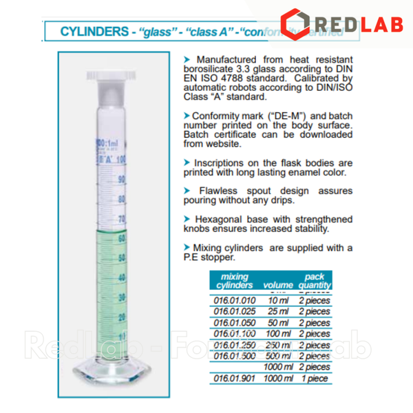 Ống đong thủy tinh có nút nhựa ISOLAB Class A 10 25 50 100 250 500 1000 ml, cylinders with PE stopper, có VAT